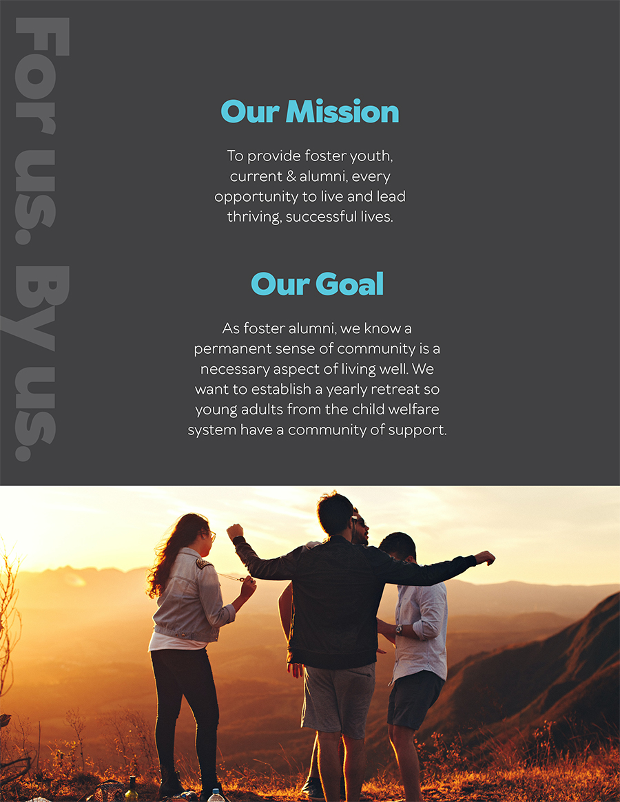 Foster Alumni Retreat brochure displaying their mission, goal and photo of teens.