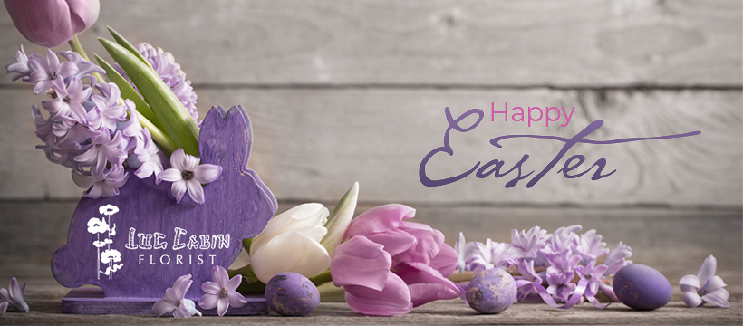 Log Cabin Florist's Facebook cover for Easter with a purple rabbit holder holding various purple shaded flowers.