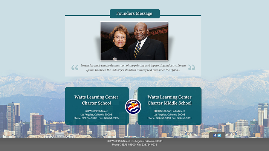 A screenshot preview of Watts Learning Center Charter School Mockup with a portal page and the founders message.