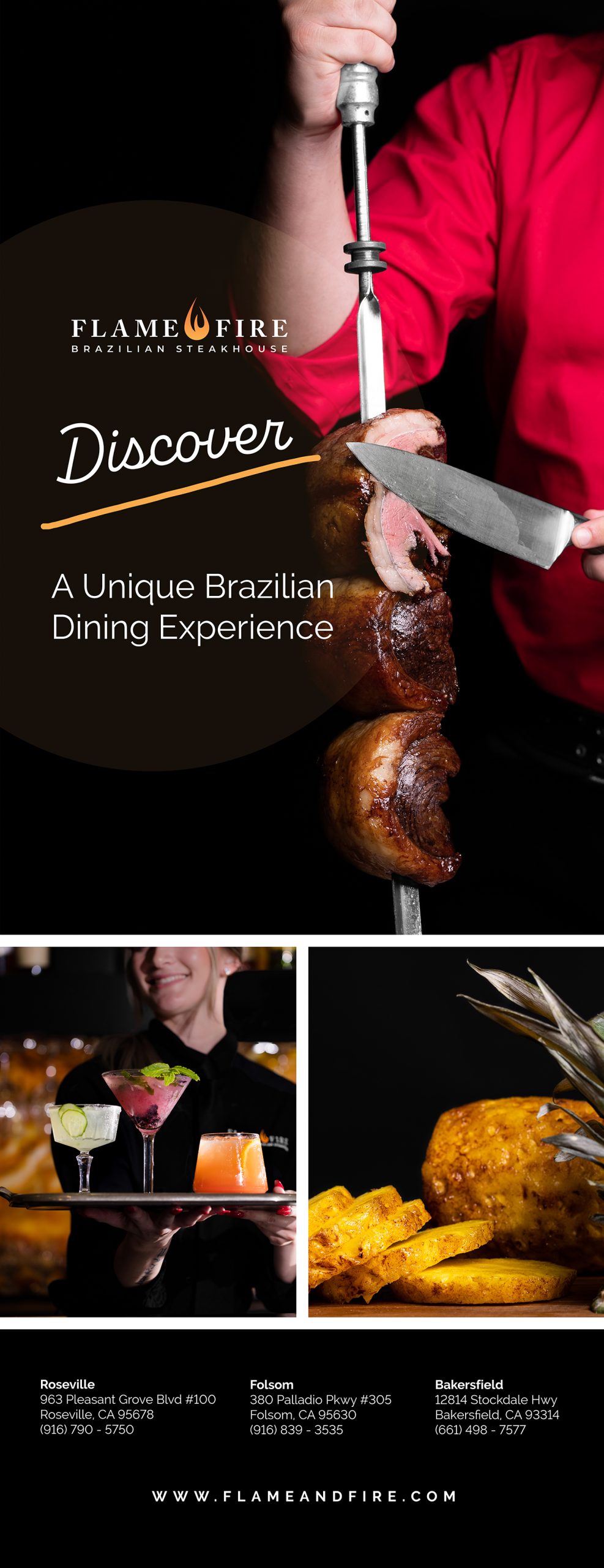 Flame and Fire Brazilian Steak House standing banner.