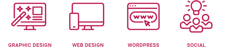Development icons displaying graphic design, web design, WordPress and social icons.